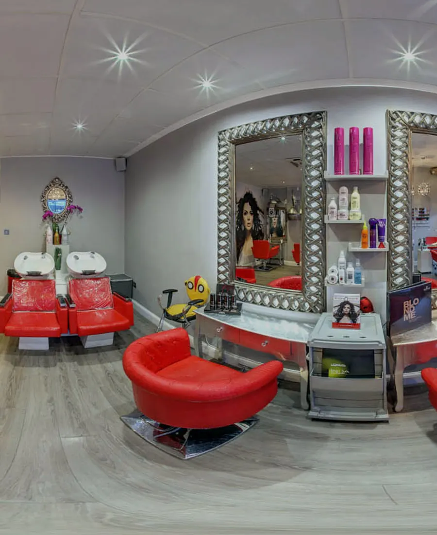 Styling stations and mirrors in the Mirror Mirror salon